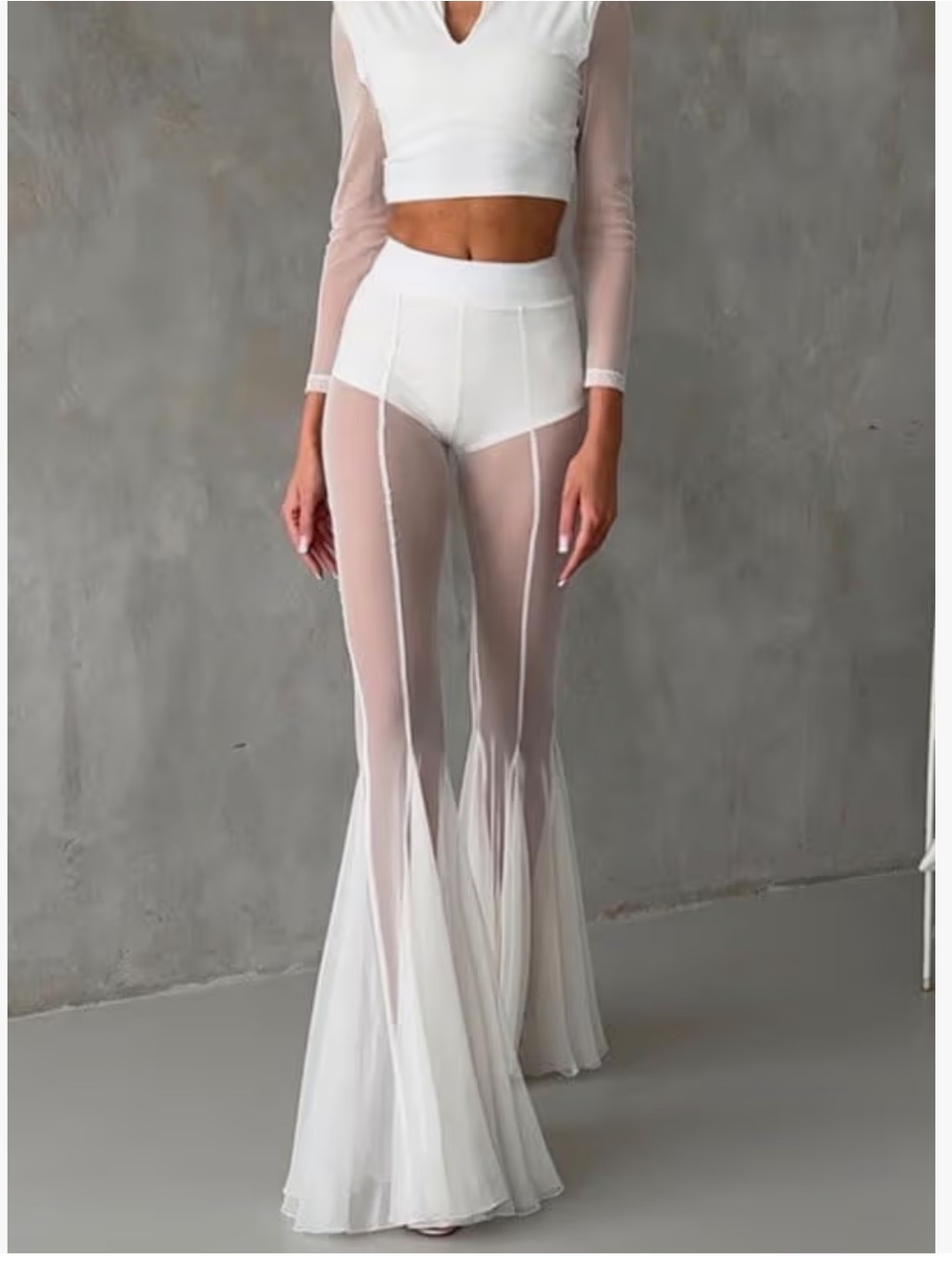 White fishnet flared bell bottoms rave pants sheer festival beach cover up mesh